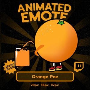 Op de afbeelding: Geanimeerde emote met een cartoon sinaasappel met armen, benen en een groene stengel. De sinaasappel urineert in een glas. Tekst bevat "Animated Emote", "Orange Pee" en "Ready to Use". De afbeelding staat tegen een zwarte en oranje radiale achtergrond.