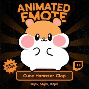 Puede incluir: Emoticón animado con un lindo hámster aplaudiendo. El hámster tiene pelaje naranja y blanco, mejillas rosadas y ojos negros. El texto superior dice "ANIMATED EMOTE" en naranja. El texto inferior dice "Cute Hamster Clap" con detalles de tamaño.
