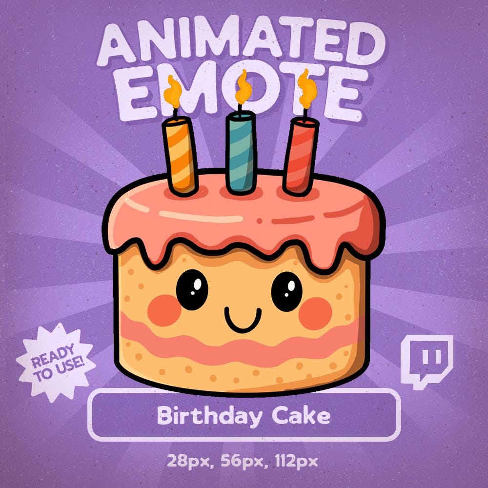 Kawaii Birthday Cake Animated Emote for Twitch \u0026 Discord, Cute Party Cake  with Candles, Celebration Hype Emote for Subs Stream Events, image size:1000x1000