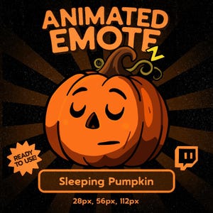 Op de afbeelding: Een cartoon illustratie van een slapende pompoen in oranje, met gesloten ogen en een slaperige uitdrukking. De tekst "ANIMATED EMOTE" staat bovenaan en "Sleeping Pumpkin" onderaan. Klaar voor gebruik.