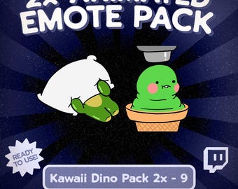 Kawaii 2er-Pack animierte Dinosaurier-Emotes für Twitch und Discord, süße Reaktionen von schlafendem Dino und Eiscreme-Dino für den VTuber-Stream-Chat