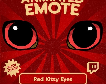 Kawaii-Emote mit roten Katzenaugen für Twitch und Discord, süße Katzenblick-Reaktion, leuchtende Katzenaugen-Emote für Streamer und Chats