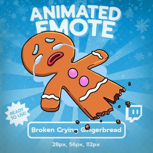 May include: An animated emote featuring a crying gingerbread man with a broken leg. The gingerbread man is orange with white icing and pink buttons. Text reads "Animated Emote" and "Broken Crying Gingerbread". The background is blue with snowflakes.