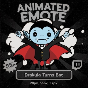 Może przedstawiać: Animowana emotka przedstawiająca kreskówkowego wampira z niebieską skórą, czarnymi włosami i czerwonym płaszczem. Wampir ma na sobie czarny garnitur z muszką i jest otoczony białym dymem. Tekst brzmi "Animated Emote" i "Drakula Turns Bat".