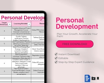 Professional Development Plan Excel | Personal Development Tracker | Career Growth Planner | Skill Development Log | Manager Toolkit