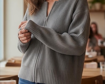 Minimalist Ribbed Zip-Up Cardigan, Grey Mock Neck Knit Sweater, Scandi Style Double Zip Jumper
