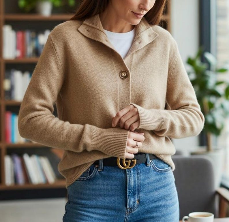 May include: A tan cardigan with a button closure, worn over a white t-shirt. The cardigan has a collared neckline and ribbed cuffs. The person is wearing blue jeans and a black belt with a gold buckle. A bookshelf is in the background.