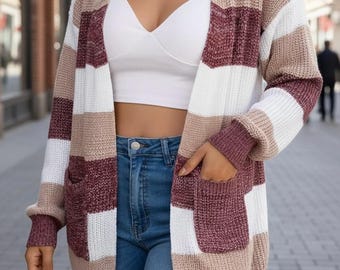 Color Block Striped Cardigan, Oversized Boho Open Front Sweater, Cozy Neutral Knitwear with Pockets