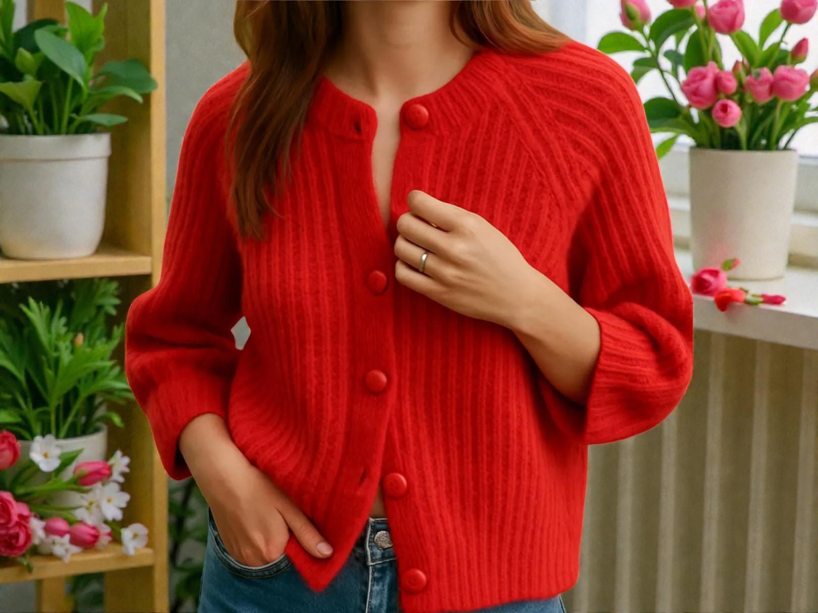 Pull Gilet Vintage Berek – Laine Tricotée Main – Rouge – Motif Ours – Taille M