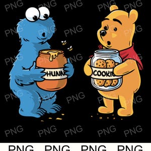 May include: A cartoon illustration featuring Cookie Monster holding a jar of honey labeled "HUNN" and Winnie the Pooh with a jar of cookies labeled "COOKI". Both characters are on a black background.