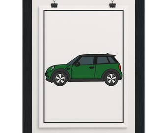 Minimalist Green Mini Cooper S Side Profile Art Print – Modern Framed Poster,  Classic Matte Paper Wooden Framed Poster