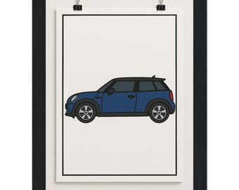 Minimalist Blue Mini Cooper S Side Profile Art Print – Modern Framed Poster,  Classic Matte Paper Wooden Framed Poster