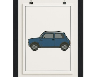 Minimalist blue rover Mini Cooper S Side Profile Art Print – Modern Framed Poster,  Classic Matte Paper Wooden Framed Poster