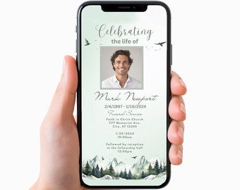 Funeral Evite, Funeral Announcement Digital Invites, Electronic Memorial Template, Smartphone Funeral Evite, Mountains #64