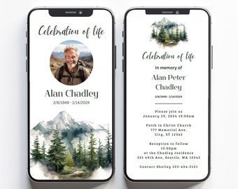 Funeral Evite, Funeral Announcement Digital Invites, Electronic Memorial Template, Smartphone Funeral Evite, Mountains #65
