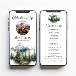 May include: A digital memorial card featuring a watercolour illustration of a mountain range and a photograph of a man. The card reads "Celebration of Life" and includes the name "Alan Chadley" and the dates "2/8/1949 - 1/14/2024".