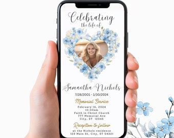 Funeral Evite, Funeral Announcement Digital Invites, Electronic Memorial Template, Smartphone Funeral Evite, Forget me nots #58