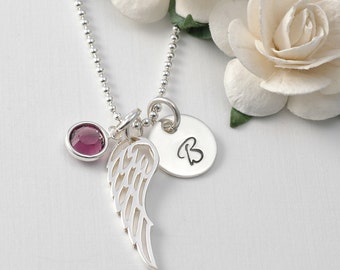 Sterling Silver - Wing necklace, Wing charm, Initial, birthstone necklace, memorial jewelry, remembrance, Angel wing, Guardian angel