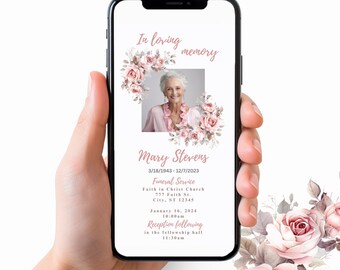 Funeral Evite, Funeral Announcement Digital Invites, Electronic Memorial Template, Smartphone Funeral Evite, Pink Roses #62
