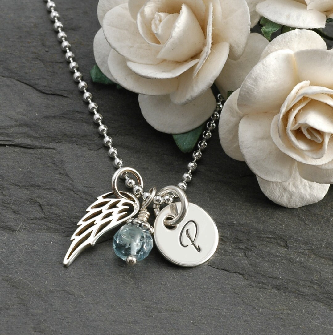 Sterling Silver Angel Wing, Initial, and Gemstone Necklace - Etsy