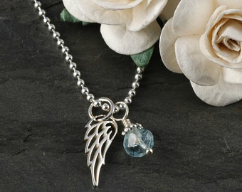 Sterling Silver - Angel Baby, Infant Loss, Memorial for Mom, Dad, Brother, Sister, Aunt, Niece, Nephew, Angel Wing and Gemstone necklace