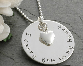 Sterling Silver - In remembrance - Memorial necklace - I carry you in my heart - Double Sided