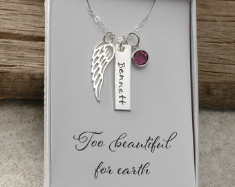 Sterling Silver Angel Wing Remembrance Necklace, Too beautiful for earth, wing, birthstone, and personalized name