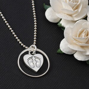 Sterling Silver Eternity circle with baby feet in heart angel baby Eternal love infinity necklace image 1