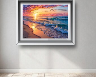 Vibrant Sunset Beach Print: Coastal Photography Wall Art (Digital Download)