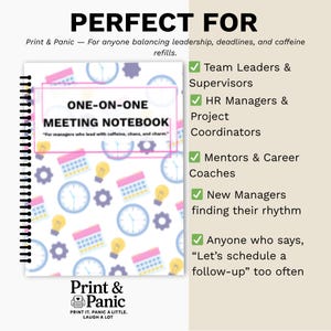 Colorful One-on-One Meeting Notebook infographic showing ideal users including managers and supervisors