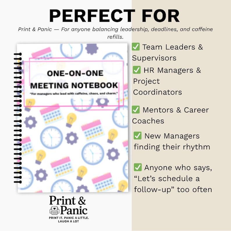 Colorful One-on-One Meeting Notebook infographic showing ideal users including managers and supervisors