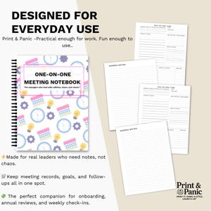 Colorful One-on-One Meeting Notebook infographic showing practical workplace and manager use cases