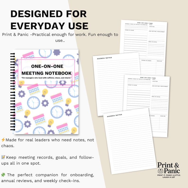 Colorful One-on-One Meeting Notebook infographic showing practical workplace and manager use cases