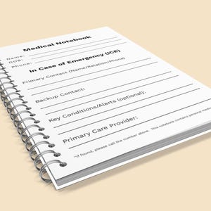 Floral Medical Care Organizer open spiral notebook pages displayed on a neutral background.