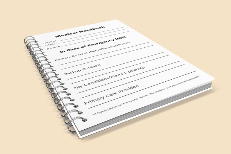 Floral Medical Care Organizer open spiral notebook pages displayed on a neutral background.