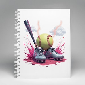 May include: Spiral-bound notebook featuring a baseball theme. The image includes a yellow baseball with red stitching, a black and red baseball bat, and silver cleats. Pink paint splatters and a cloud graphic complete the design.