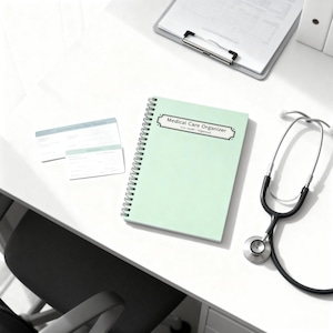 Medical Care Organizer notebook on a medical desk beside a stethoscope and forms.