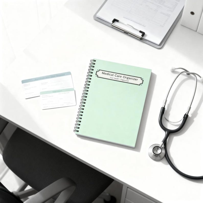 Medical Care Organizer notebook on a medical desk beside a stethoscope and forms.