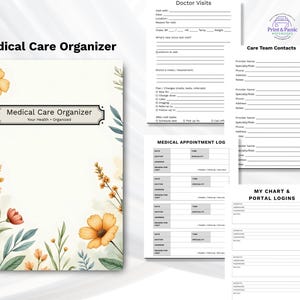 Floral Medical Care Organizer notebook with overview of health tracking and organization features.