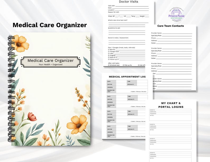 Floral Medical Care Organizer notebook with overview of health tracking and organization features.