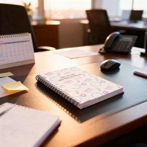 Colorful One-on-One Meeting Notebook spiral planner on a modern manager office desk workspace