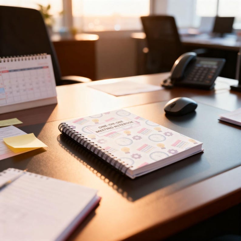 Colorful One-on-One Meeting Notebook spiral planner on a modern manager office desk workspace