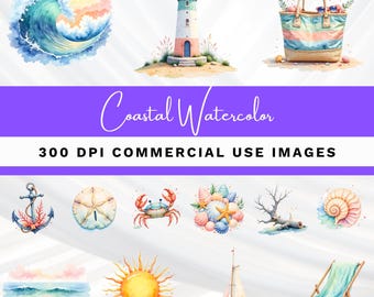 Watercolor Coastal Clipart Bundle: Seashells, Lighthouse, Starfish (Digital Download)