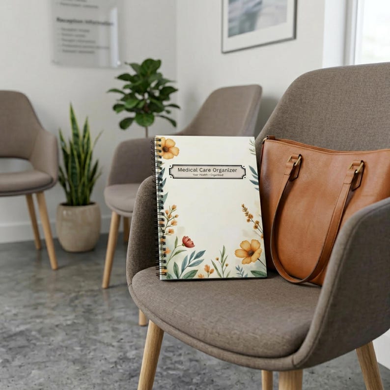 Medical care organizer spiral notebook propped on a waiting room chair beside a purse in a clinic-style setting