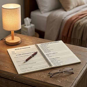 Open Medical Care Organizer notebook on a bedside table beside glasses and a lamp with warm evening lighting.