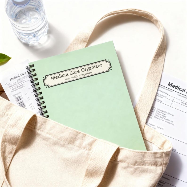 Medical Care Organizer notebook inside a tote bag with healthcare paperwork and water bottle.