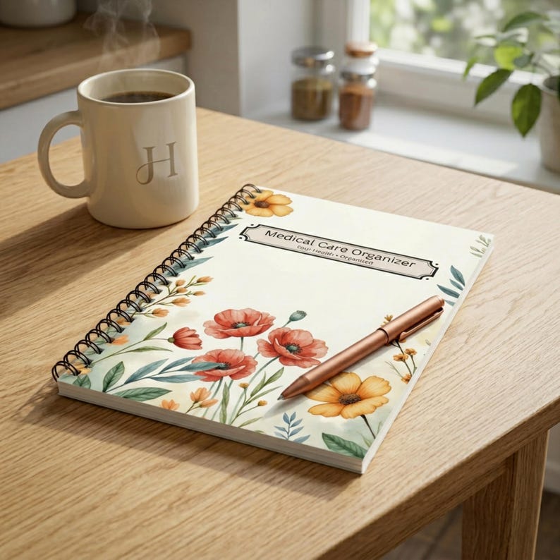 Medical care organizer spiral notebook with floral cover on a kitchen table beside a mug in soft natural light