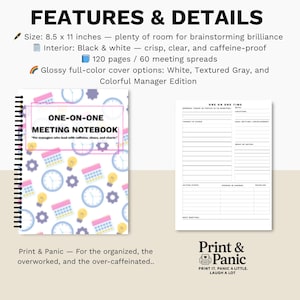 Features and details page for the Colorful One-on-One Meeting Notebook spiral planner