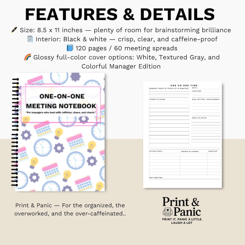 Features and details page for the Colorful One-on-One Meeting Notebook spiral planner