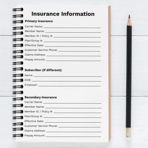 Floral Medical Care Organizer insurance information page with lined writing sections.